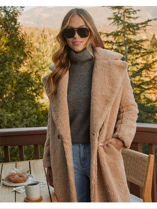 Vici Camel Teddy Long Coat - Plush Open-Front Women's Jacket - Picture 2 of 5